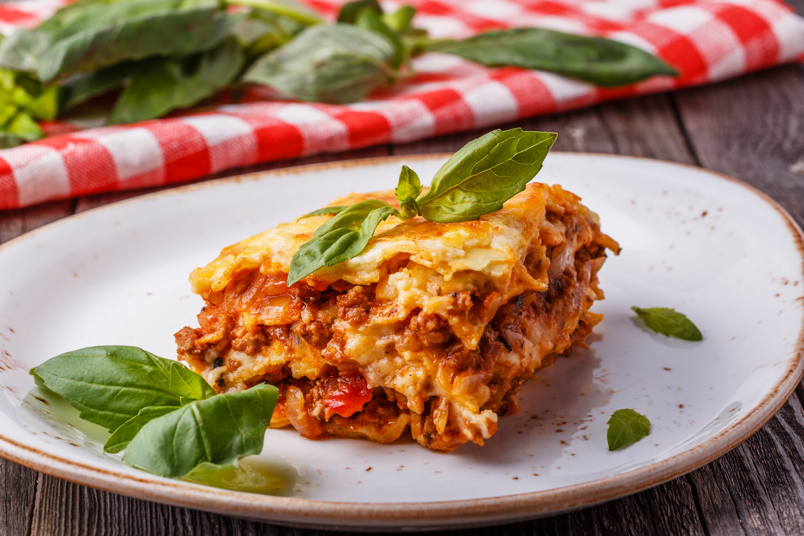 Traditional lasagna made with minced beef bolognese sauce